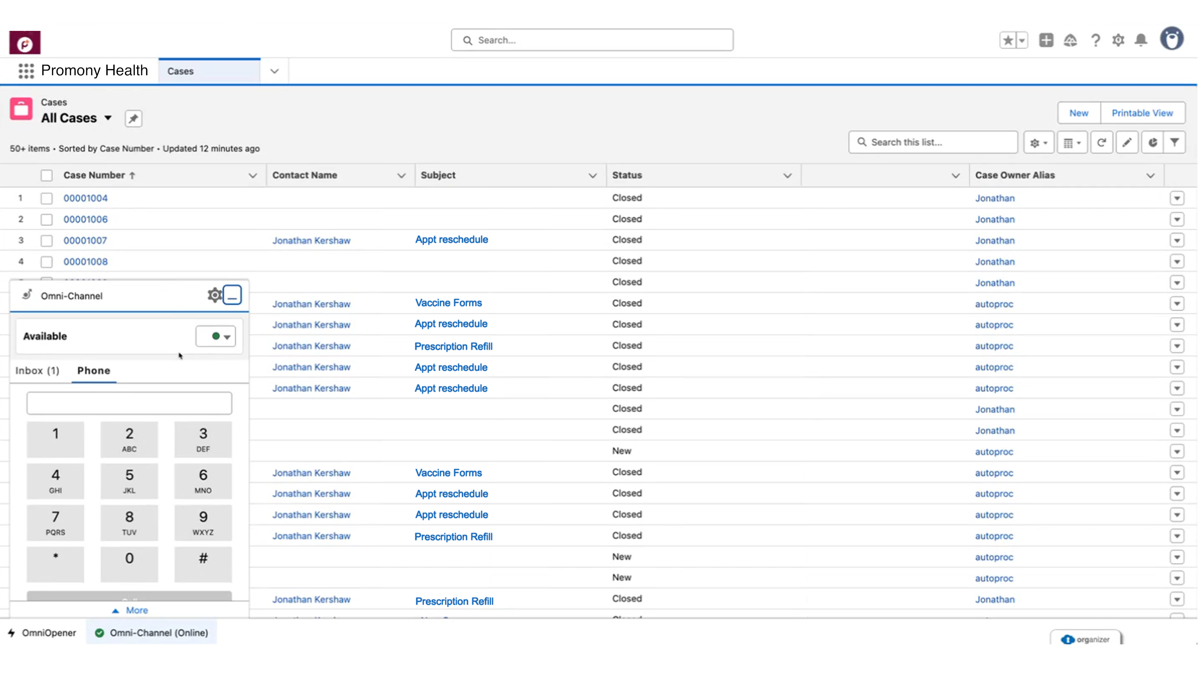 Image of Vonage Contact Center interface for a business named Promony Health, showing case numbers, contact name, subject, status, and a dialer