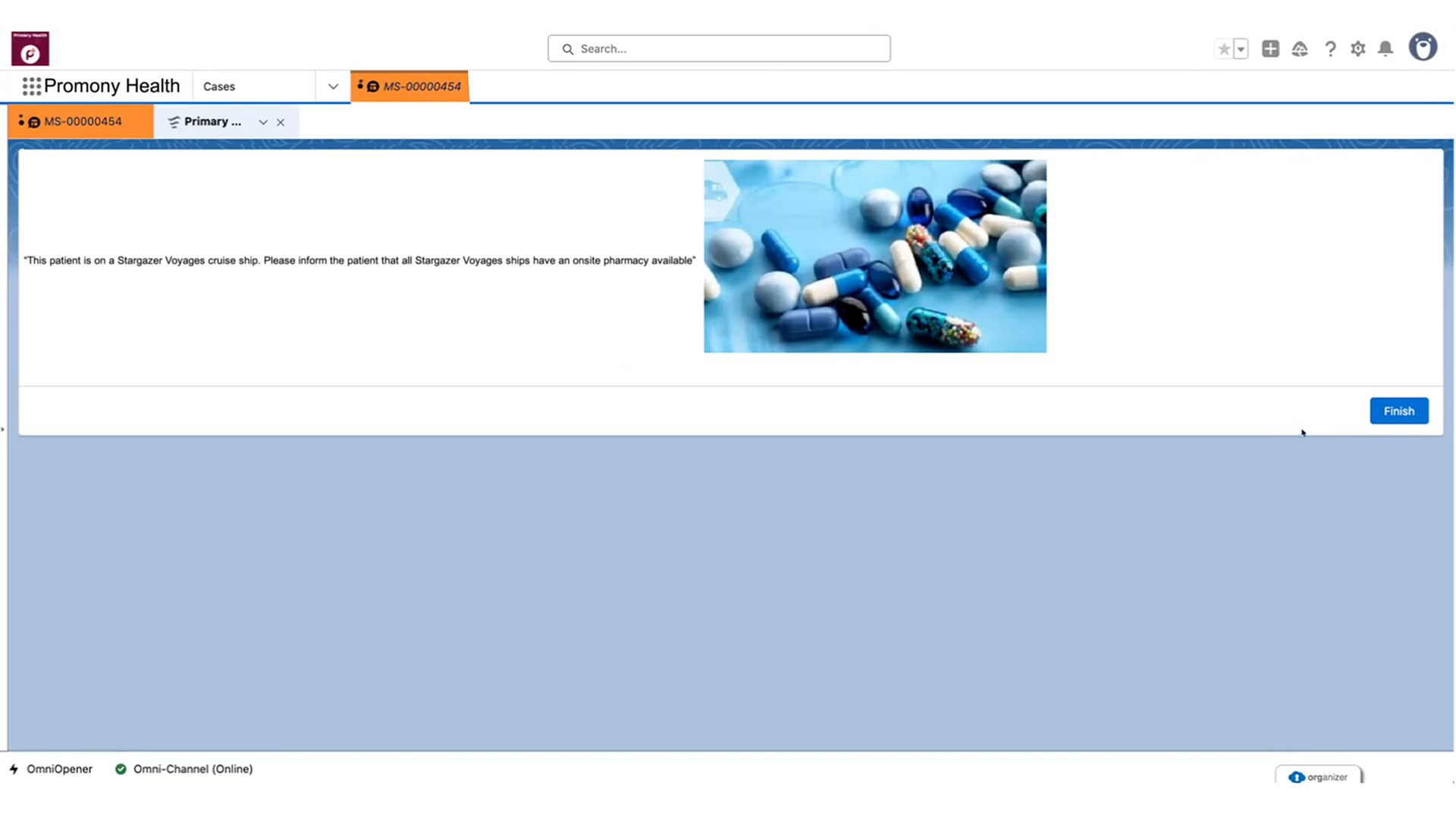 Image showing Salesforce and Vonage Contact Center interface for a business, Promony Health, showing that the next best action is a nearby pharmacy