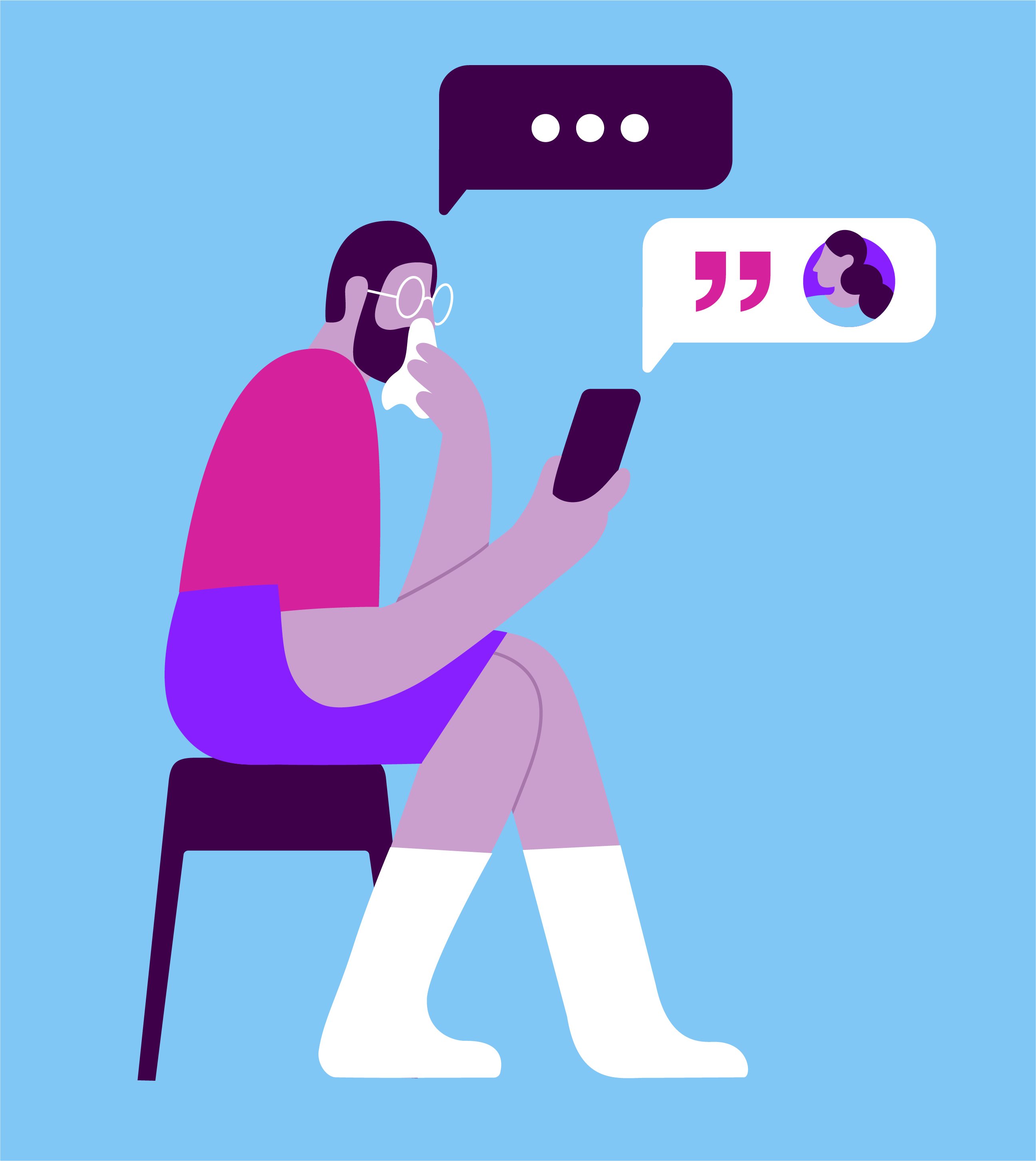 Illustration of a bearded man with glassessitting on a chair and using a mobile device, with bubbles depicting that he is chatting with an agent on his