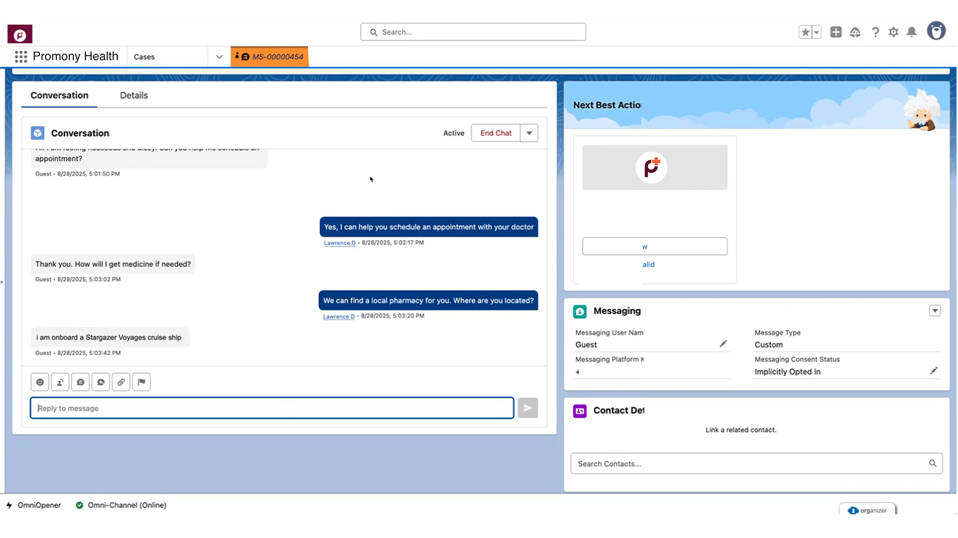 Image showing Salesforce and Vonage Contact Center interface for a business, Promony Health, showing a chat transcript