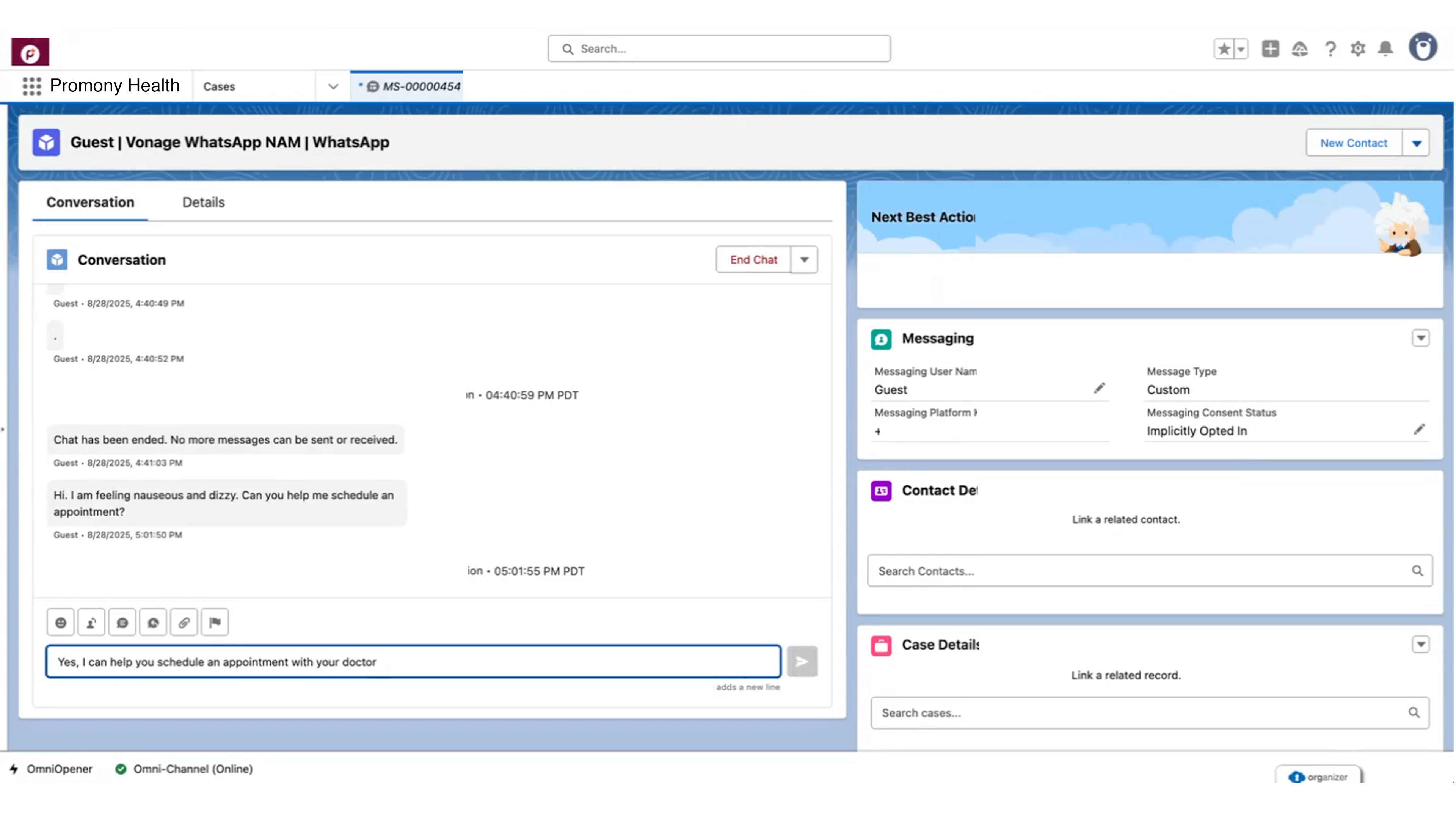 Image showing Salesforce and Vonage Contact Center interface for a business, Promony Health, showing a chat transcript