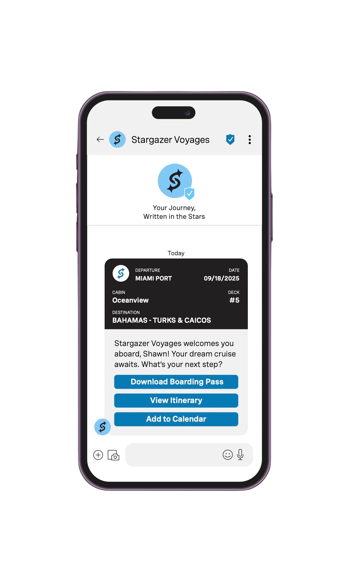 Smartphone displaying an Rich Communication Services (RCS) message from Stargazer Voyages