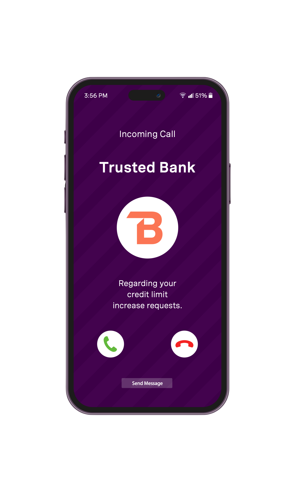 Smartphone displaying an incoming call from Trusted Bank with the brand logo