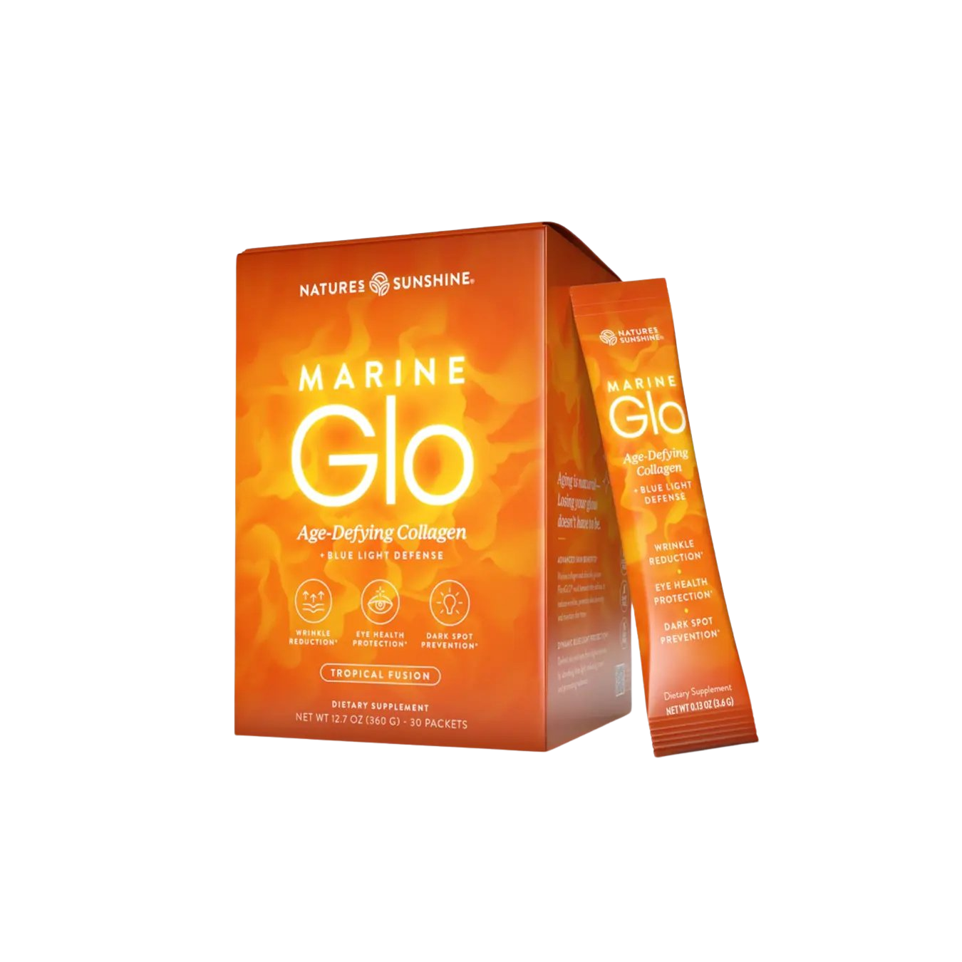A box and a single packet of Nature's Sunshine Marine Glo Collagen.