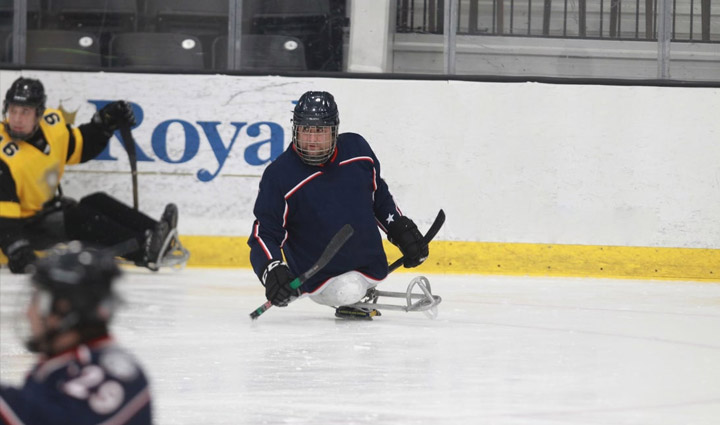 Wounded warrior Shane Parsons playing adaptive ice hockey. 